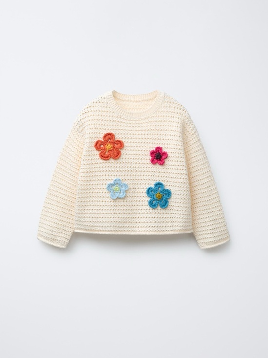 Zara Other - Zara Cream Crochet Sweater with Orange and Yellow Flower Applique